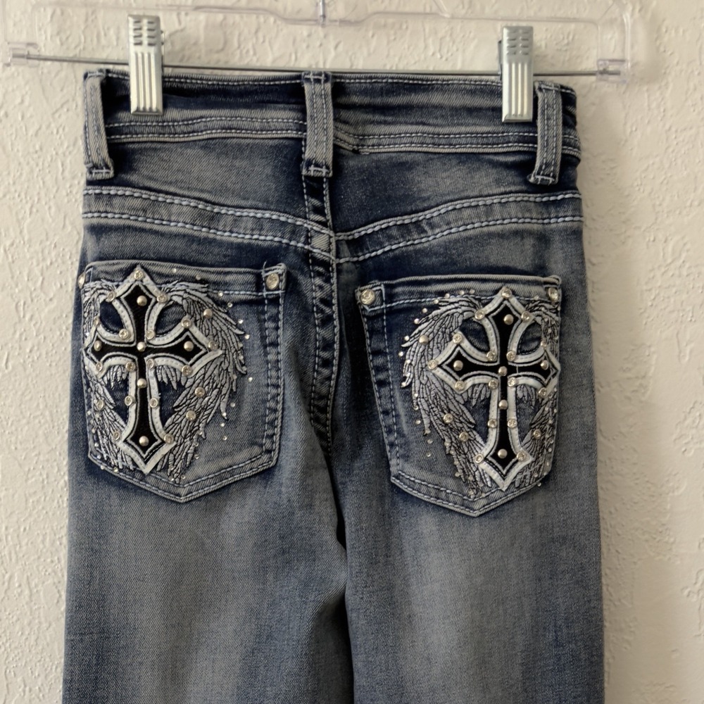 TELEPATIA Jeans Junior's Size 0/ XS Blue Mid-Rise Bootcut Rhinestone Denim - Picture 5 of 5